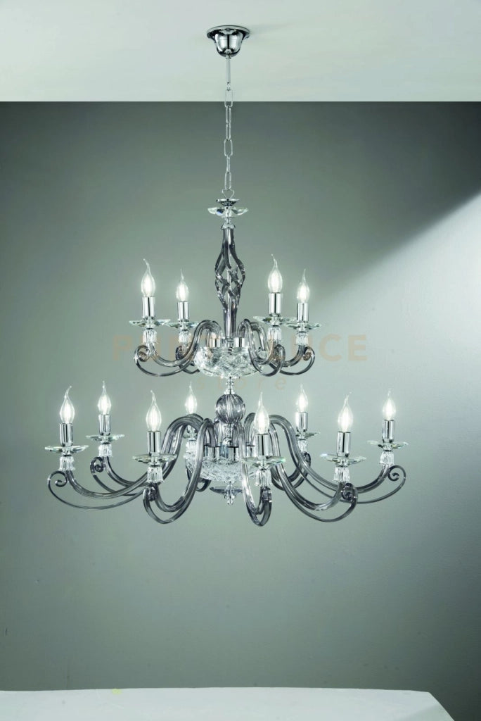 LAMPADARIO 1306 (8+4) 2 PIANI FUME' E CROMO ATTACCO E14 D.93CM