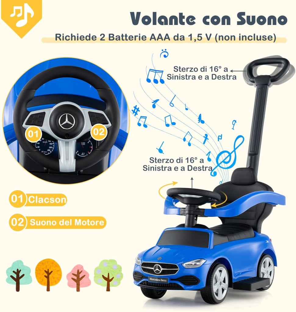 3 in 1 Auto a Spinta, Mercedes-Benz Macchina Cavalcabile, con Schienale Regolabile Suono Barra di Spinta e Tettuccio, per Bambini 18-36 Mesi (Blu)