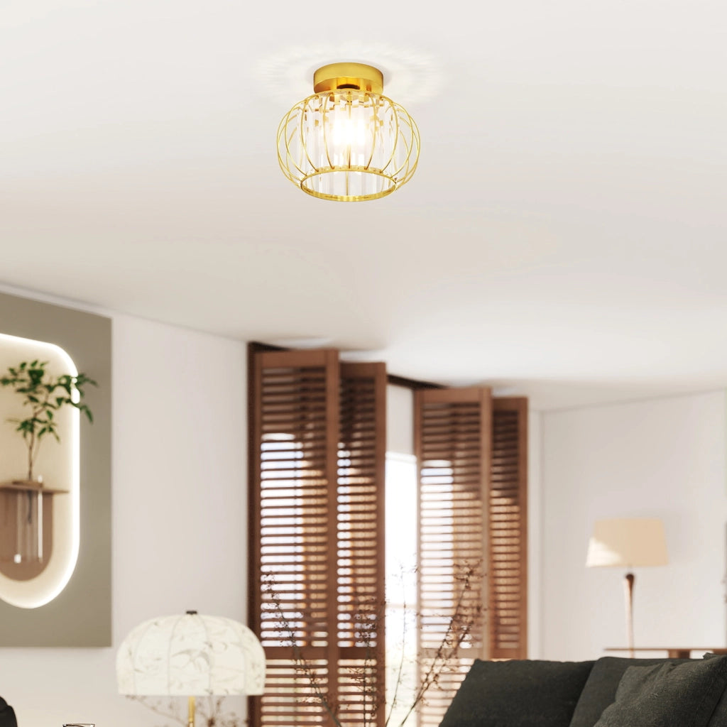 Plafoniera LED Moderna Design a Gabbia Ø27x19 cm con 18 Cristalli Struttura in Metallo Oro
