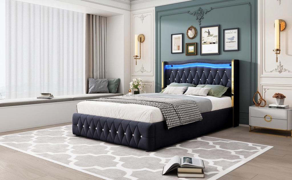Letto imbottito con LED, contenitore idraulico e gambe larghe, 140x200 cm, velluto nero