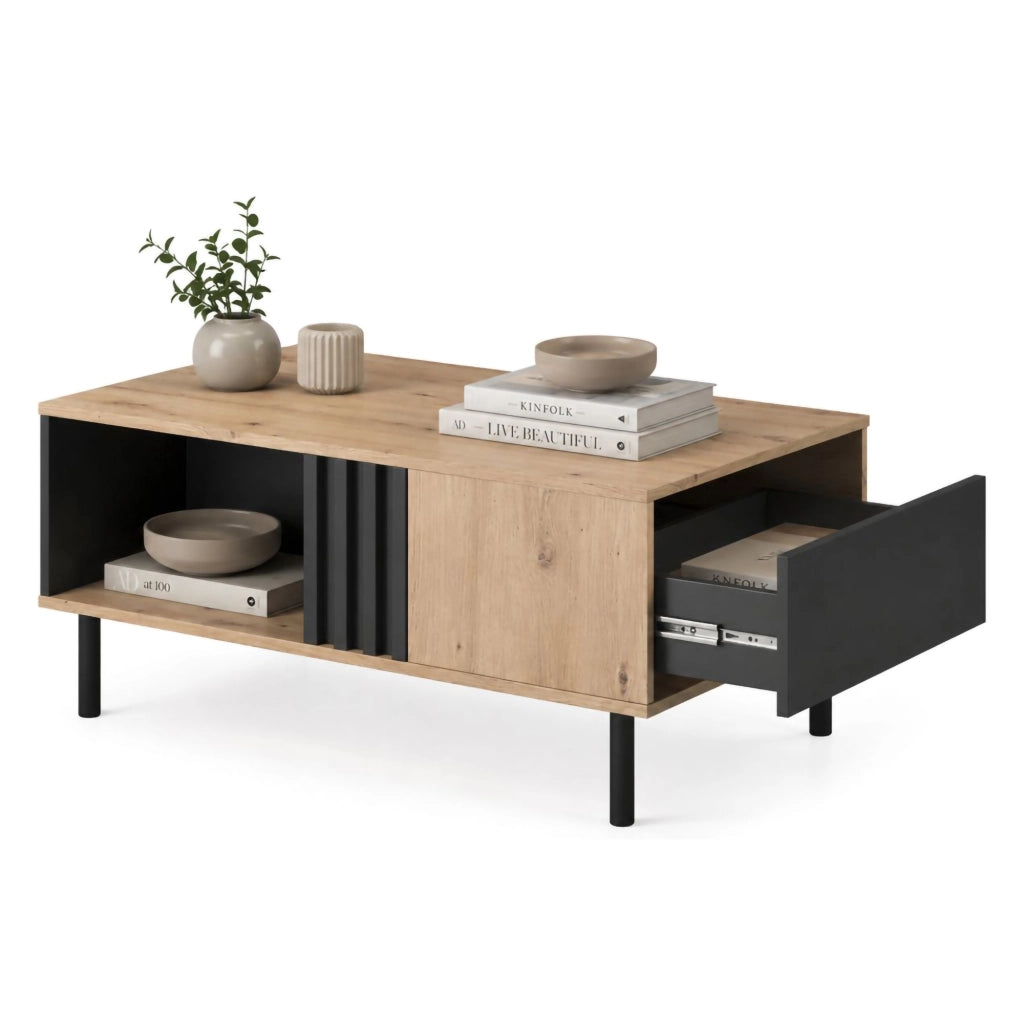 Kasese, Tavolino da Salotto un Cassetto, 100x60x4h cm Marrone Rovere Nodi