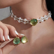 Set di orecchini e collana con pietre preziose verdi: argento S925, gioielli fatti a mano