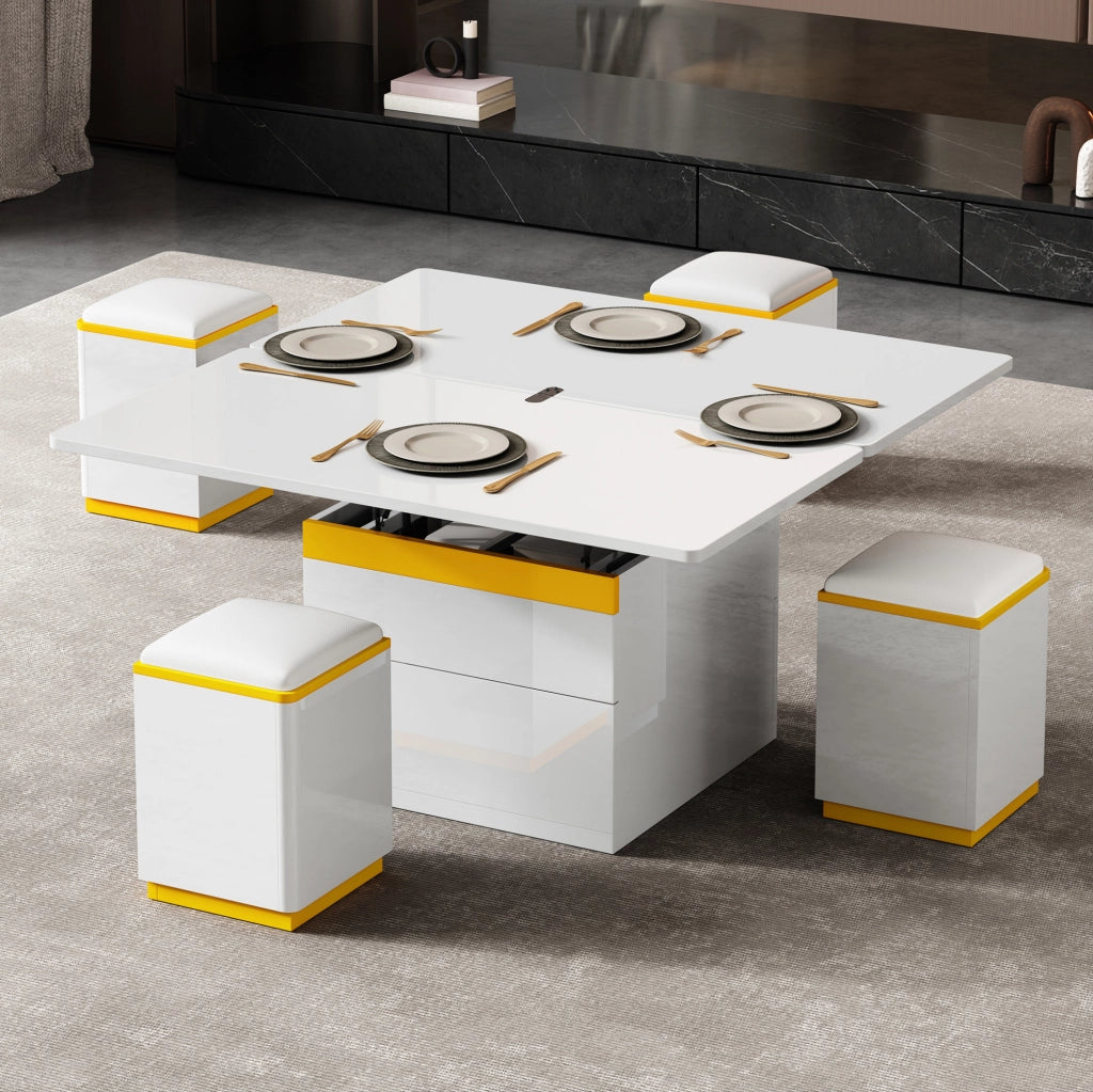 Tavolino da caffè trasformabile con 4 sgabelli contenitore 100x50x43 cm in MDF e truciolare bianco e giallo
