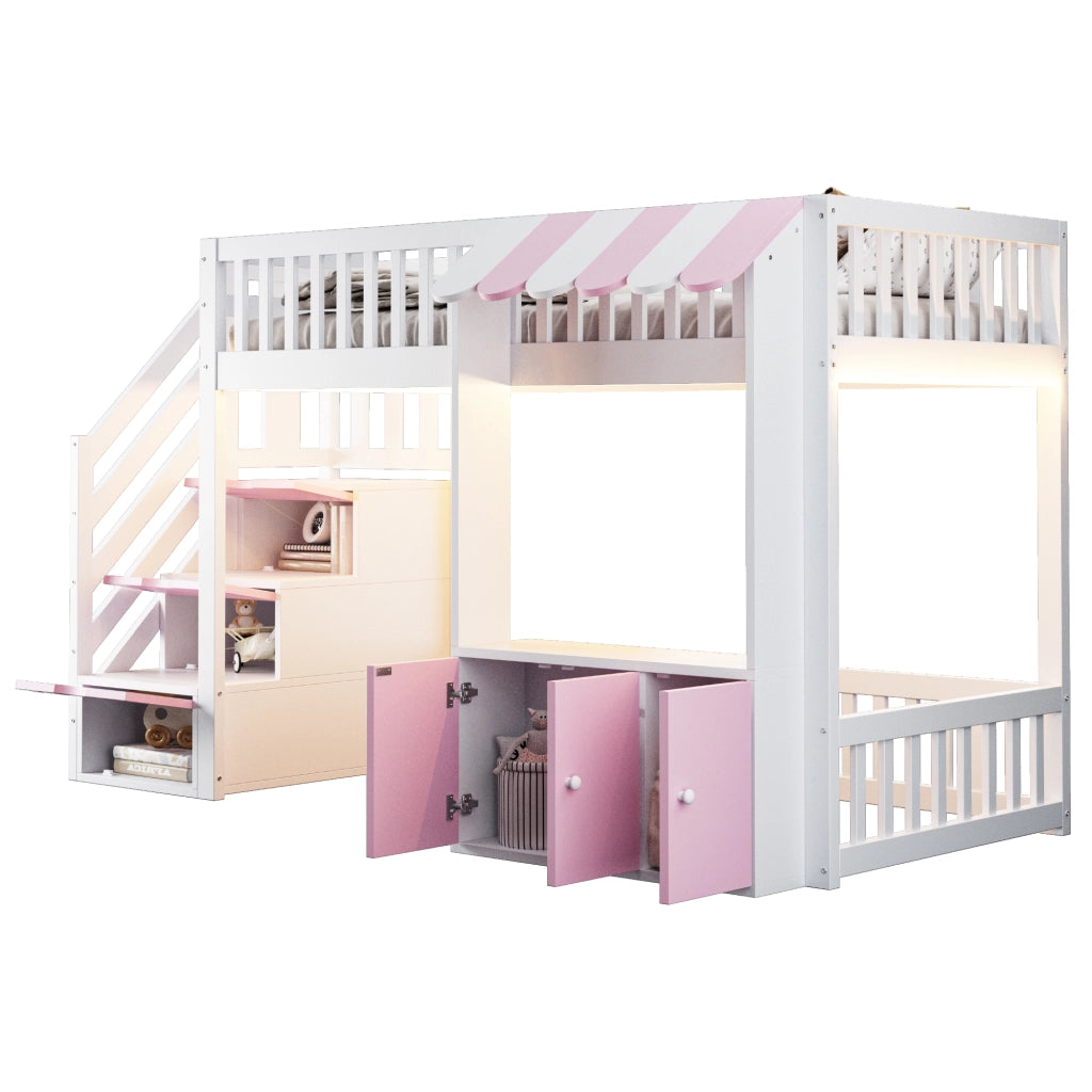 Letto a soppalco in legno con armadio e scala contenitore, 90x200 cm, rosa
