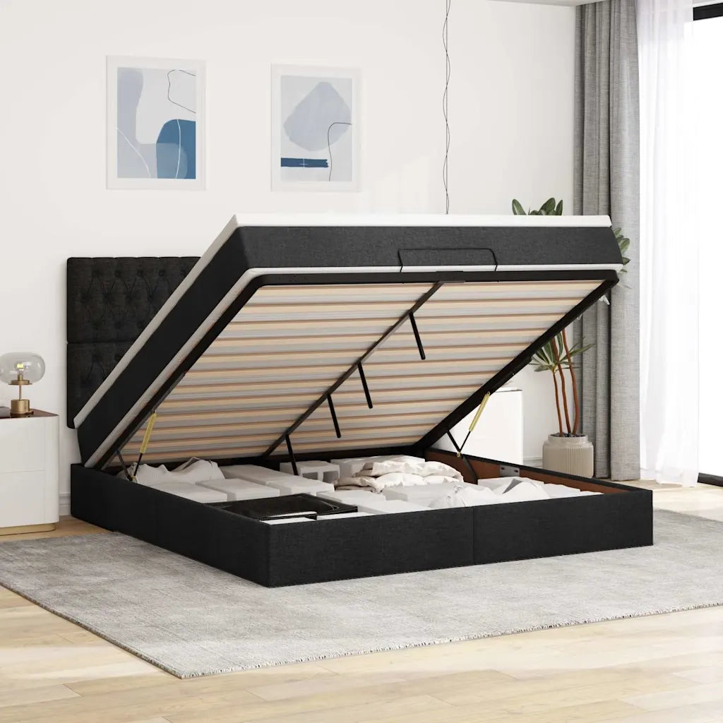 Struttura Letto Pouf con Materasso Nero 160x200 cm in Tessuto 3313253