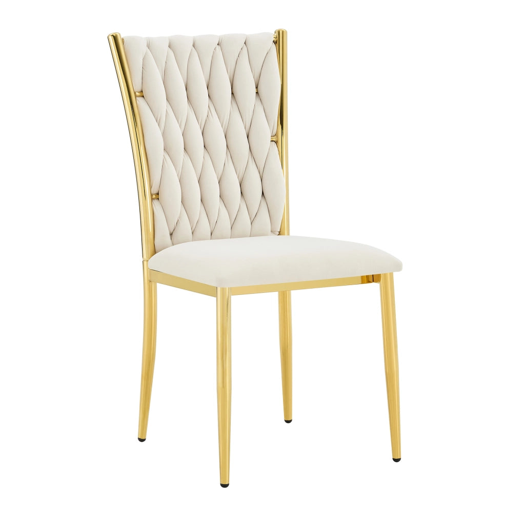 Sedia da pranzo imbottita in velluto beige con gambe in metallo oro