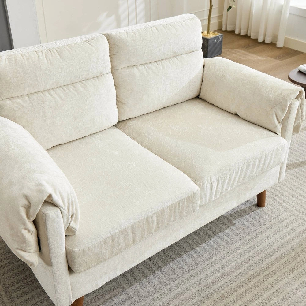 Divano 2 Posti in Tessuto Morbido ¨C Xylo ¨C Beige, Cuscini Imbottiti, Gambe in Legno