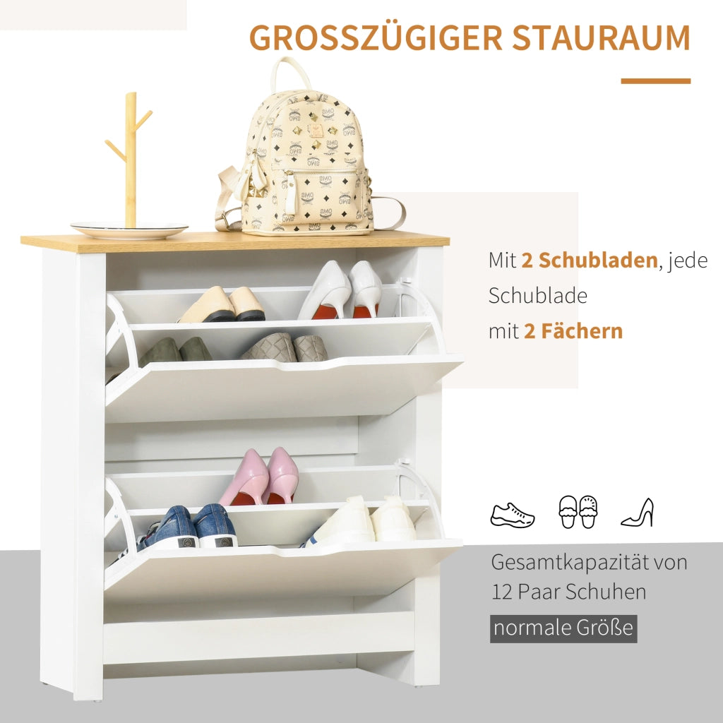 Scarpiera con 2 cassetti estraibili e 4 ripiani, piano d'appoggio, per ingresso, in compensato, bianco, 72 × 26 × 80 cm