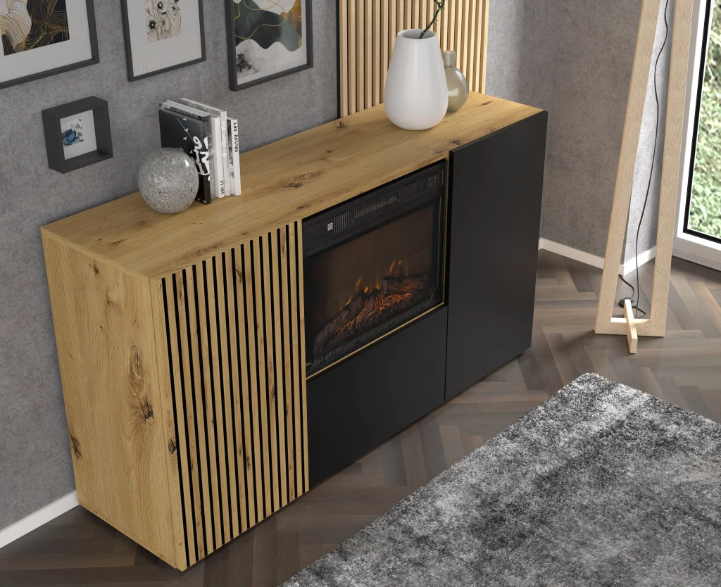 Mobile madia Auris cm 148.8x42x82h soggiorno con caminetto rovere.
