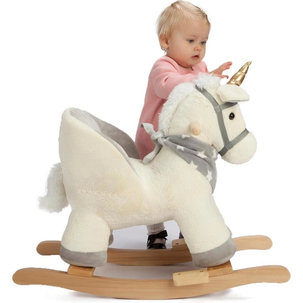 Unicorno Dondolo Cavalcabile Peluche Cavallo con Suoni Cintura Sicurezza Gioco Legno