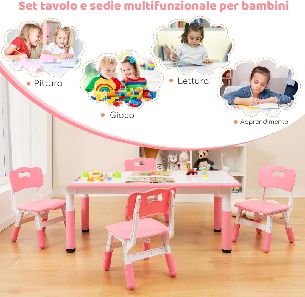 Set Tavolo e 4 Seide per Bambini, Scrivania Regolabile in Altezza con Piano Graffiti, Gambe Antiscivolo, Mobile Multifuzione con 4 Posti per Cameretta, Asilo e Scuola (Rosa)