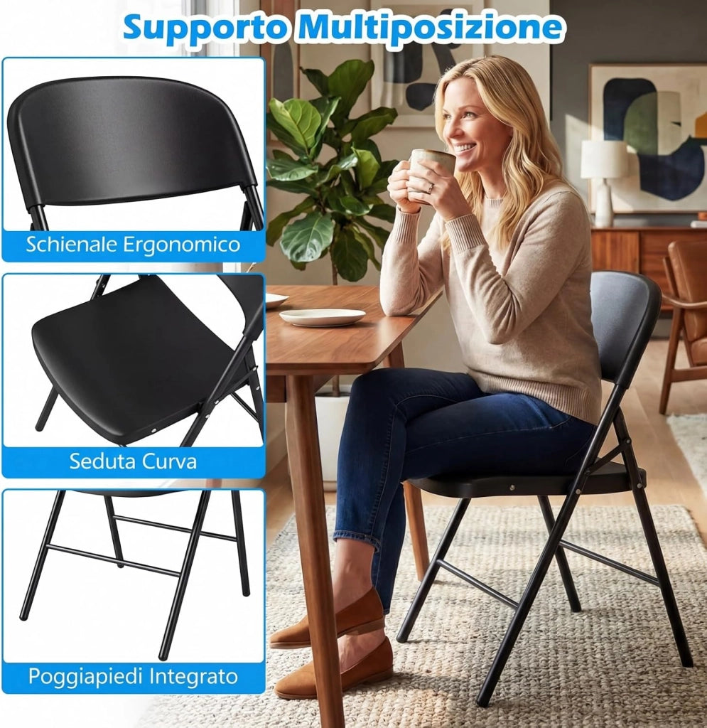 Set da 6 Sedie Pieghevoli in Plastica, Sedie Pieghevoli con Schienale e Struttura in Metallo, Sedie da Pranzo Portatili per Matrimonio e Festa, Portata 150 kg (Nero)