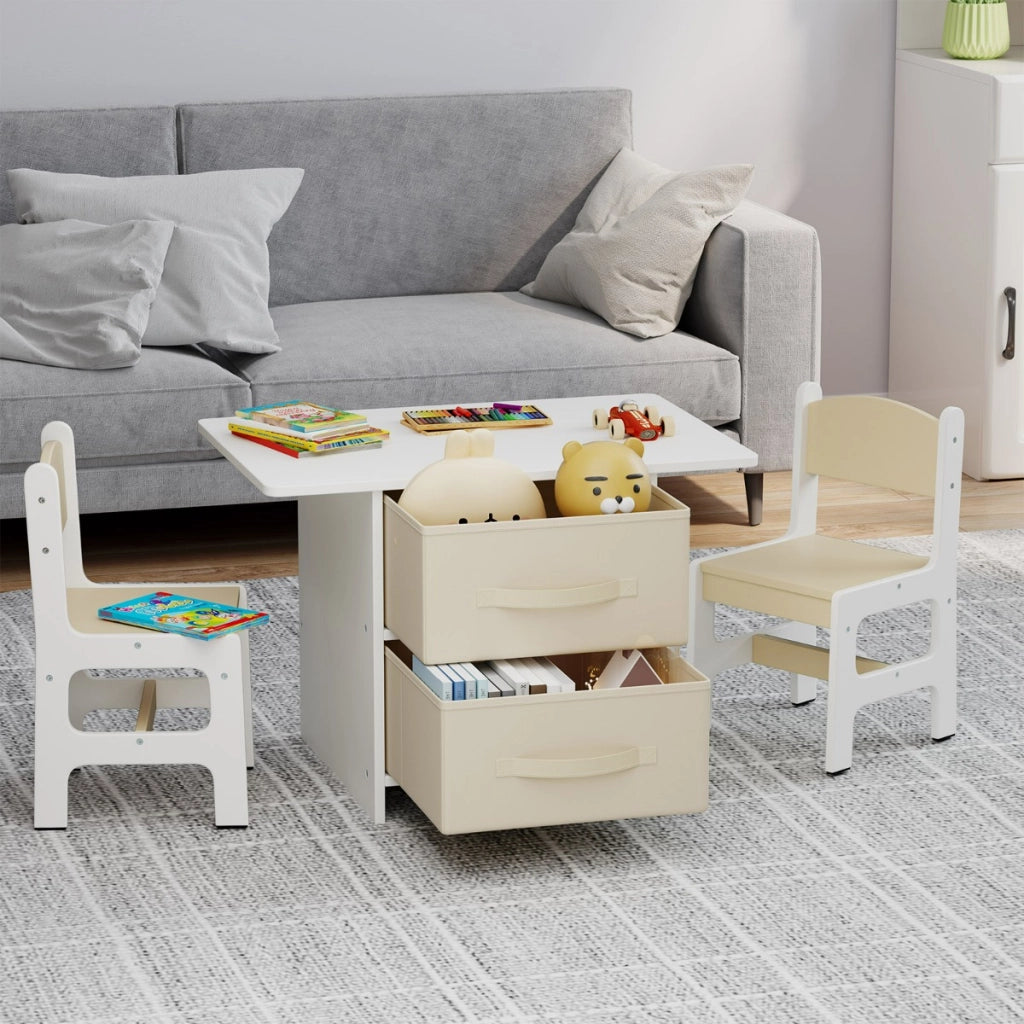 Set di tavolo e 2 sedie bambini, Set di scrivania da 3 pezzi con ceste portaoggetti rimovibili per stanza giochi Beige e Bianco-Tavoli e sedie