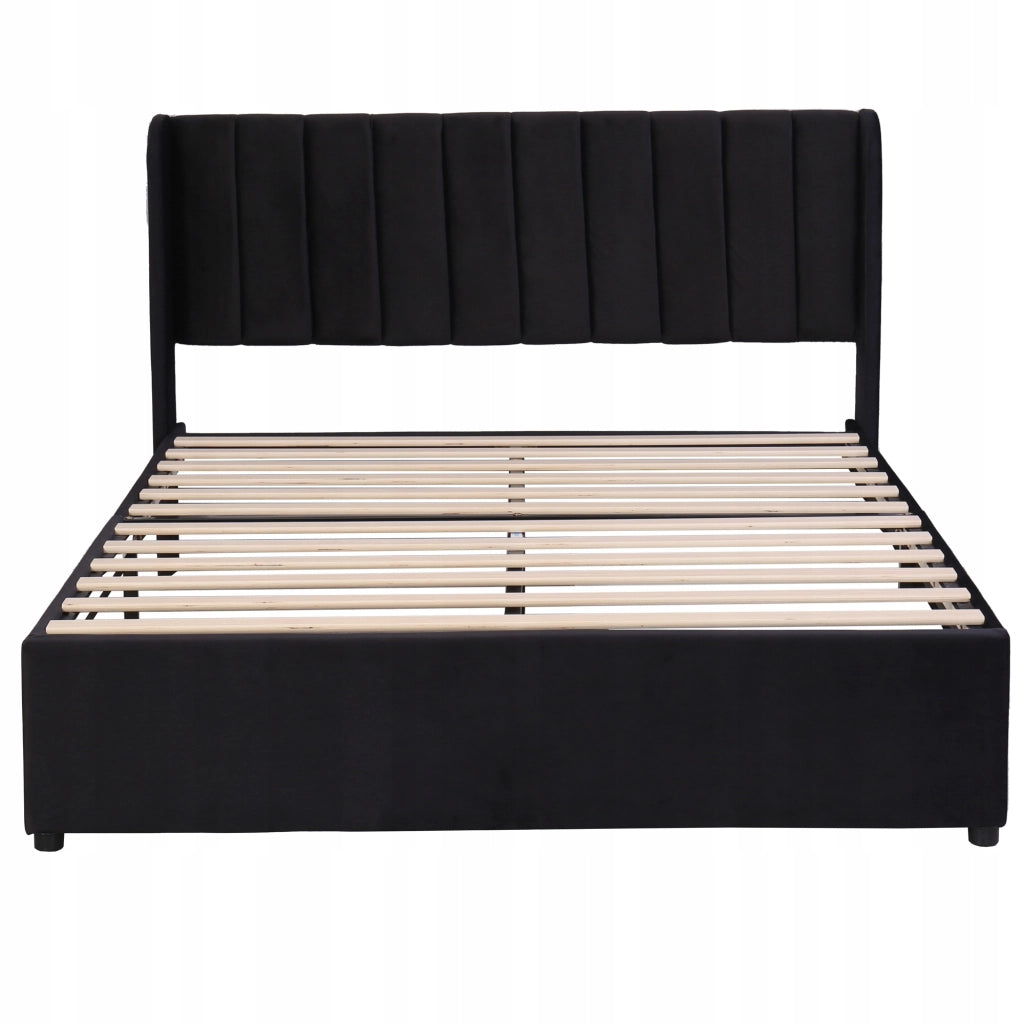 Letto matrimoniale 160x200cm - Xylo - Velluto, 2 cassetti, nero