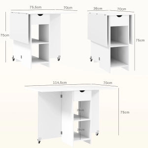 Tavolo da pranzo pieghevole salvaspazio per 2-4 persone, con cassetto e vani aperti, 114,5 x 70 x 75 cm, bianco