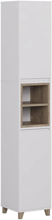 Armadio per il bagno Elnor, Bianco/quercia, 30 x 170 cm con 2 porte, per la conservazione di tessili da bagno e combinabile con Elnor