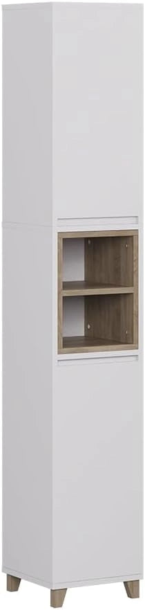 Armadio per il bagno Elnor, Bianco/quercia, 30 x 170 cm con 2 porte, per la conservazione di tessili da bagno e combinabile con Elnor
