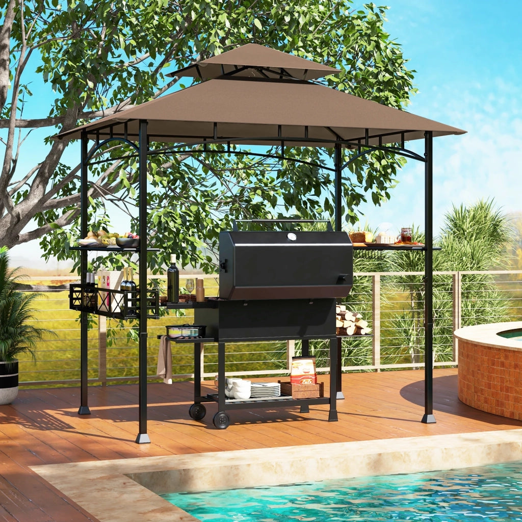 Gazebo per Barbecue da Giardino 8 x 5 Feet Marrone con 2 Ripiani Laterali e Ganci Resistente per Esterno