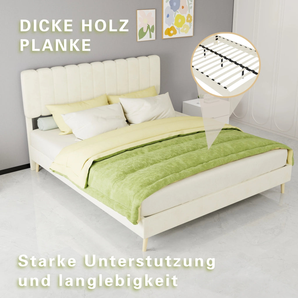 Letto matrimoniale imbottito 160x200 cm in tessuto effetto velluto; beige
