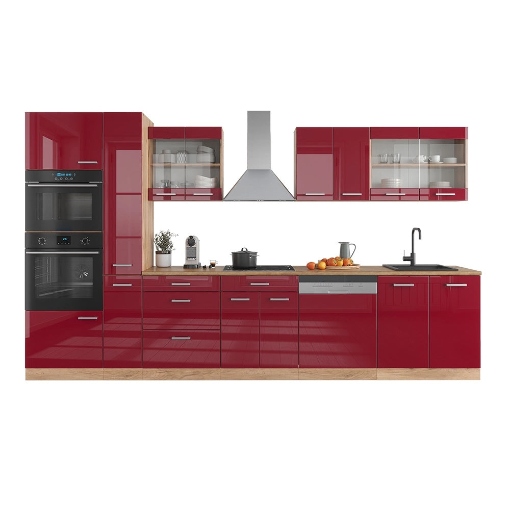 Cucina componibile R-Line Rosso lucido/Rovere dorato 350 cm con armadio alto, PL Marmo Vicco
