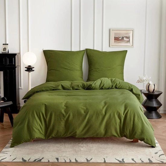 Set di lenzuola da letto in lino-cotone, 200x200 cm, colore verde scuro estivo