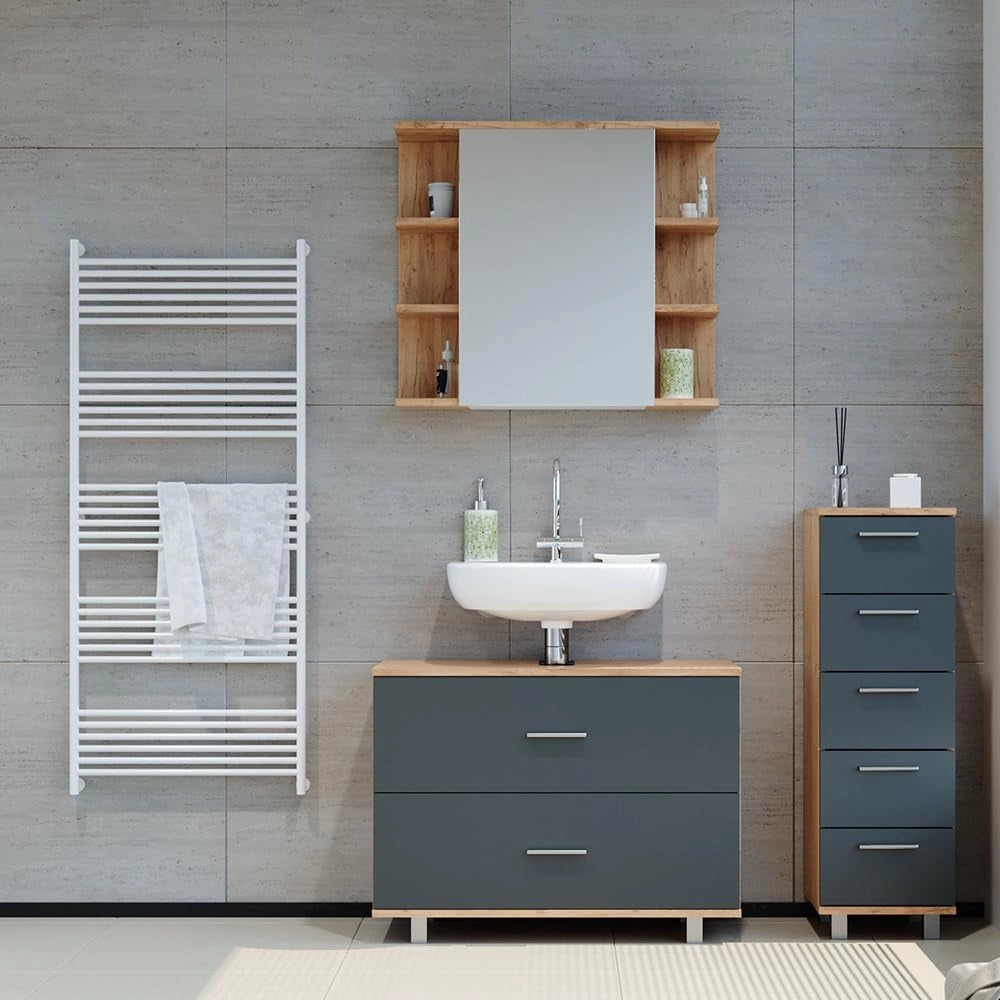 Set mobili bagno Ilias, Antracite/quercia dorata, 80 cm, composto da mobile sottolavabo, specchiera e mobile medio