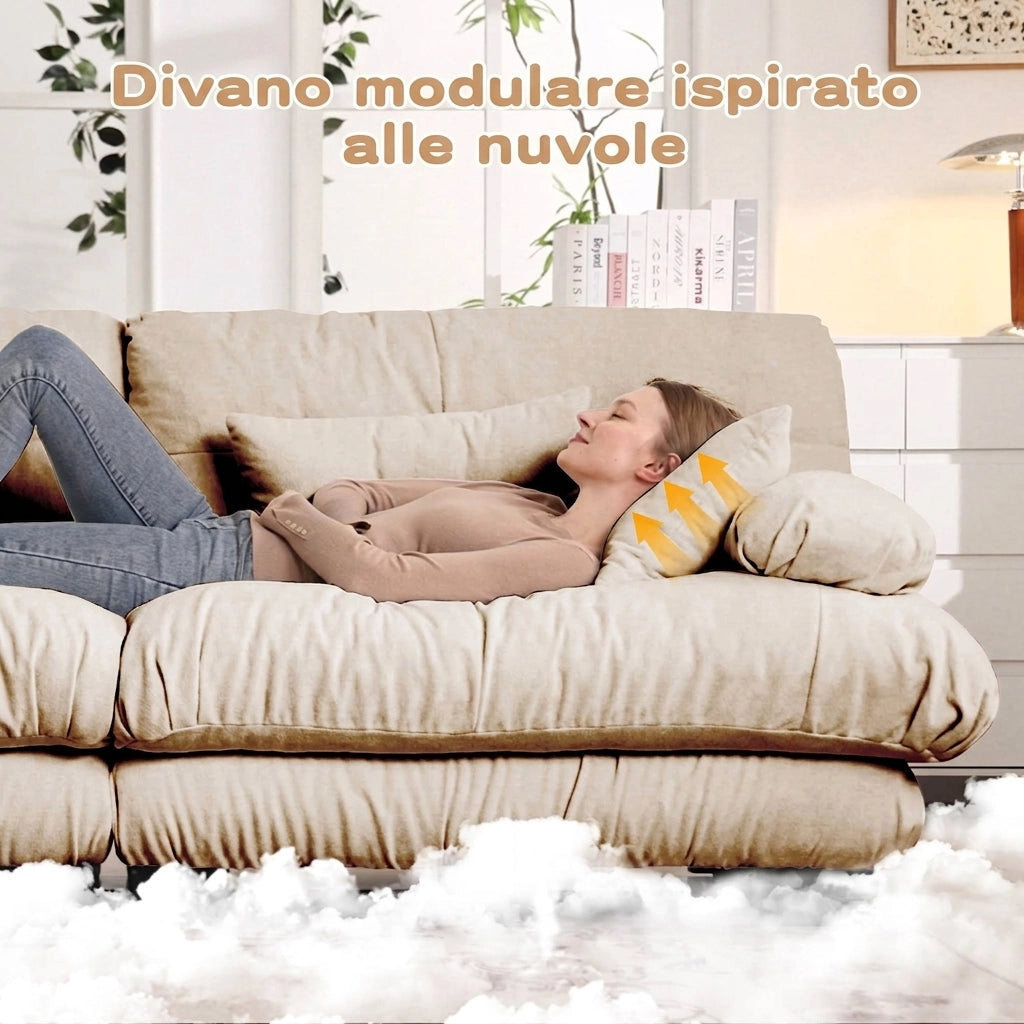 Divano angolare modulare a forma di L con pouf; 3 posti in ciniglia; 313x145x81 cm; caffè chiaro