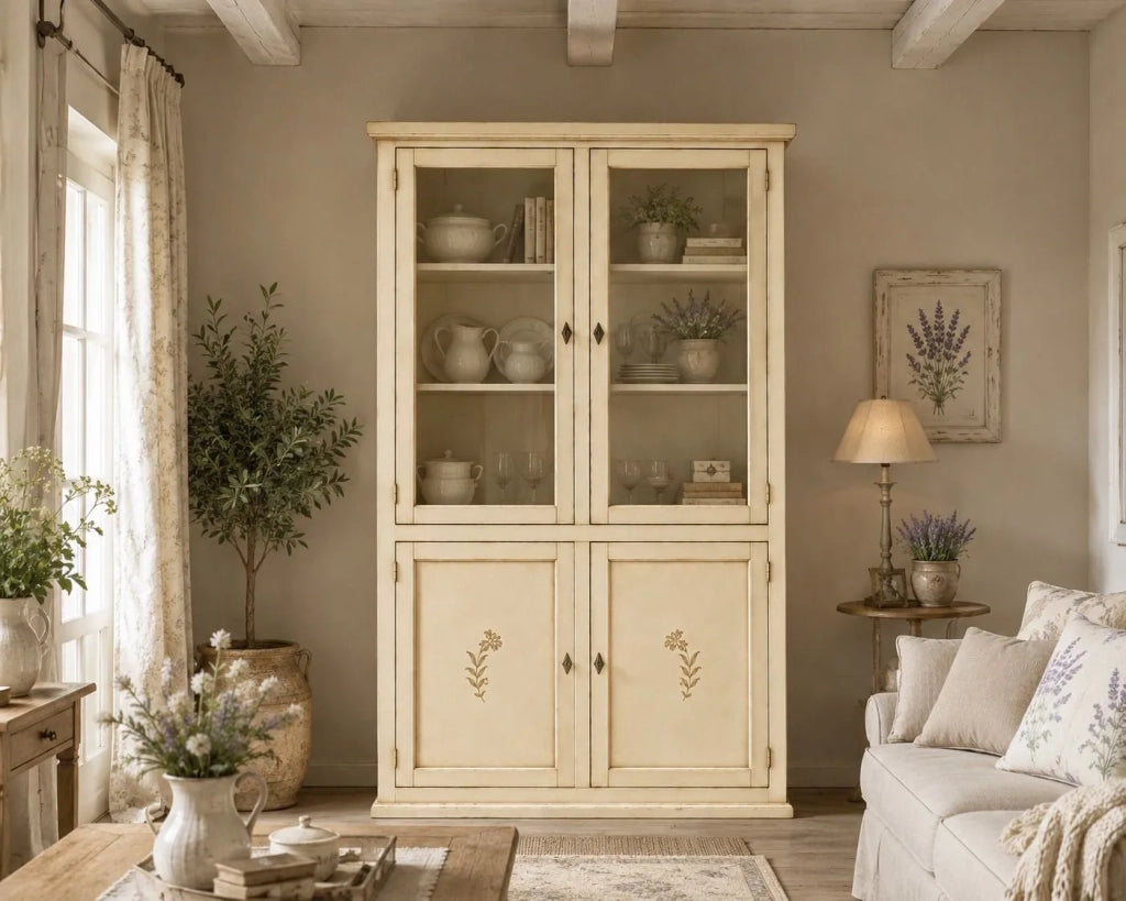Vetrina 4 ante in legno shabby avorio anticato decorata 120x41x187 - Mobili 2G