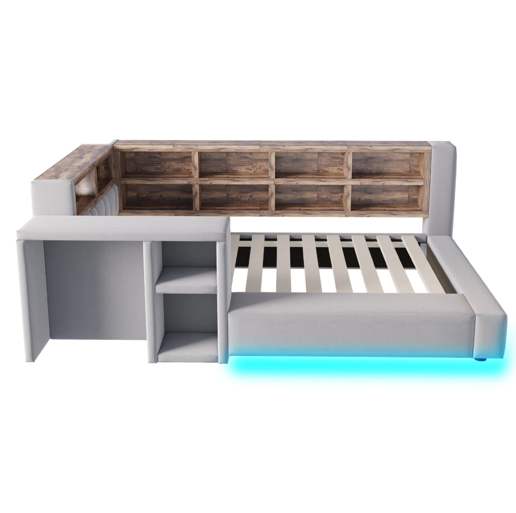 Letto imbottito 90x200 cm con LED, prese integrate e vani in velluto grigio scuro