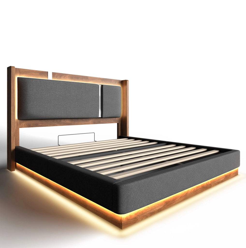 Letto matrimoniale 199x156x110 cm con LED e contenitore; in lino; legno e metallo grigio e noce