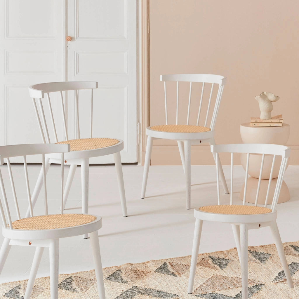 Set di 4 sedie in legno e paglia, bianco