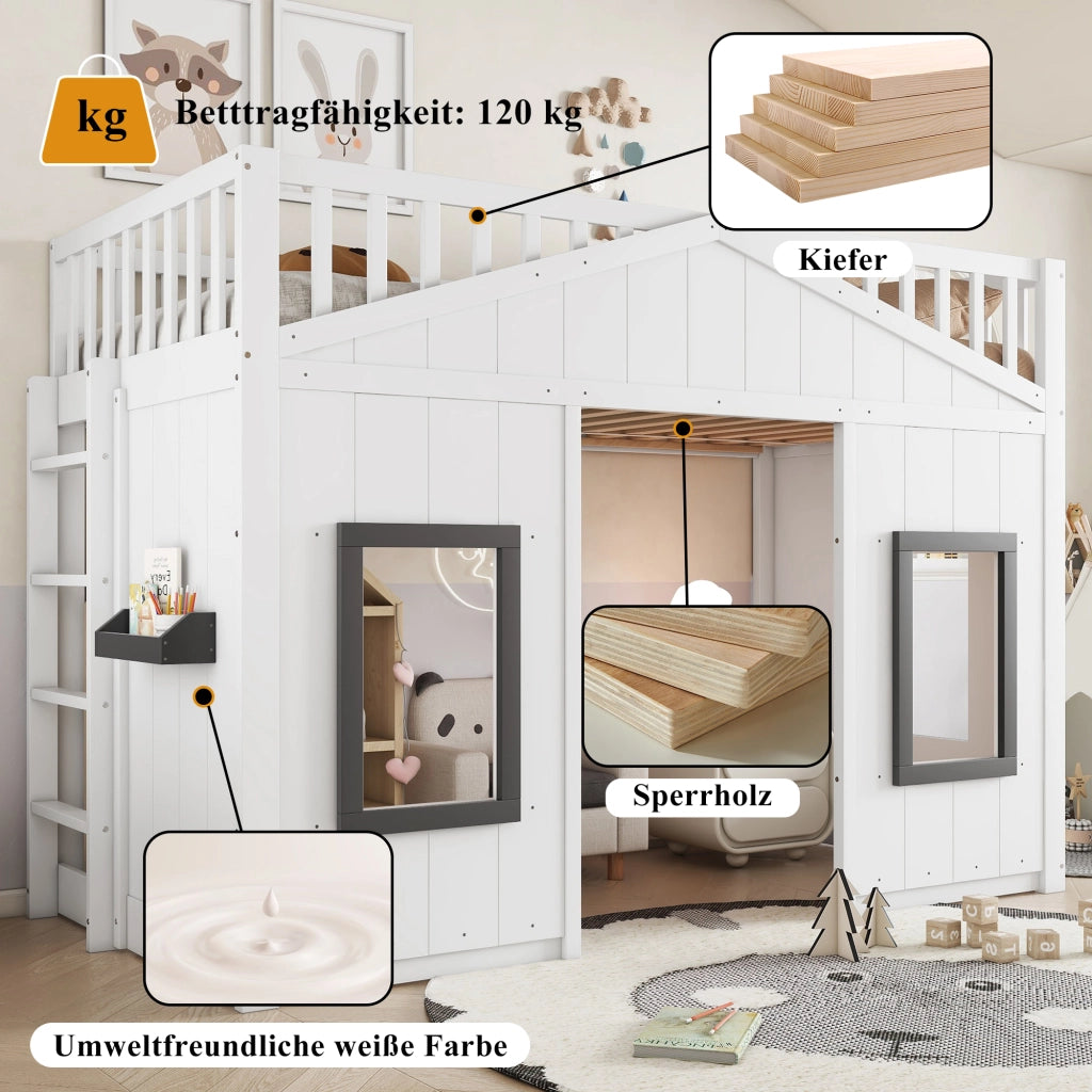 OKWISH Letto a castello 90×200 cm, Letto Singolo con Scala, Sponde di Sicurezza e Mensola, senza Materasso, Legno e MDF, Bianco