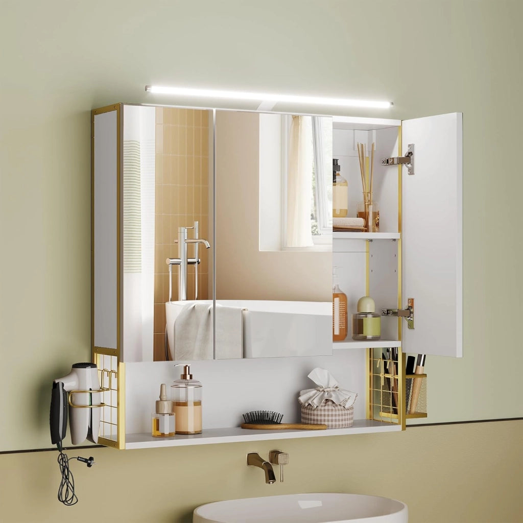 VASAGLE Armadietto da Bagno con Specchio e 3 Ante, Mobile a Parete, Cestino, Porta Asciugacapelli, Capiente, Mobiletto Bagno da Muro, Bianco Nuvola e Oro Verde Chiaro BBK124A10