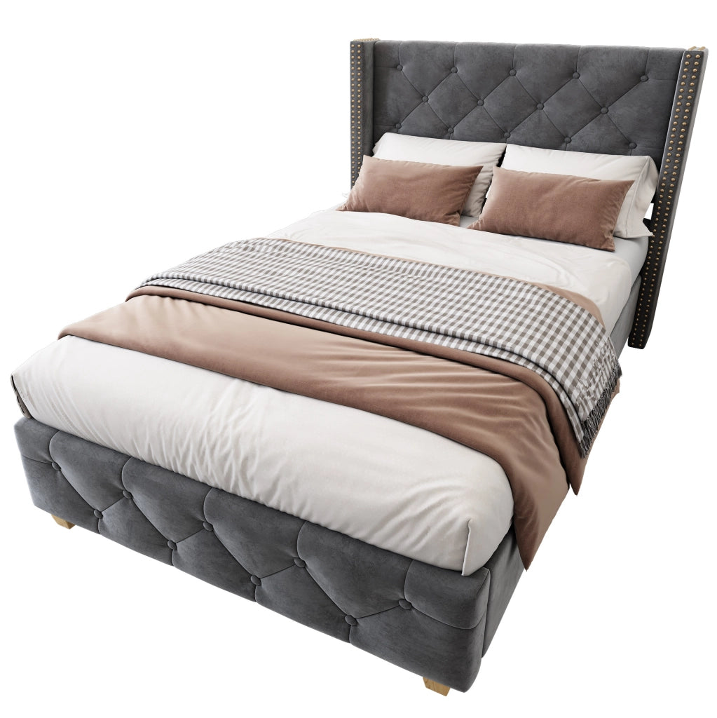 Letto imbottito 90x200 cm in velluto grigio con 12 doghe e testiera con borchie