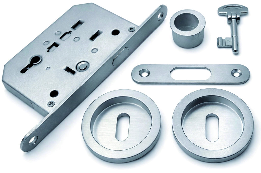 KIT SERRATURA TONDO CON CHIAVE PER PORTE SCORREVOLI col. Cromo satinato