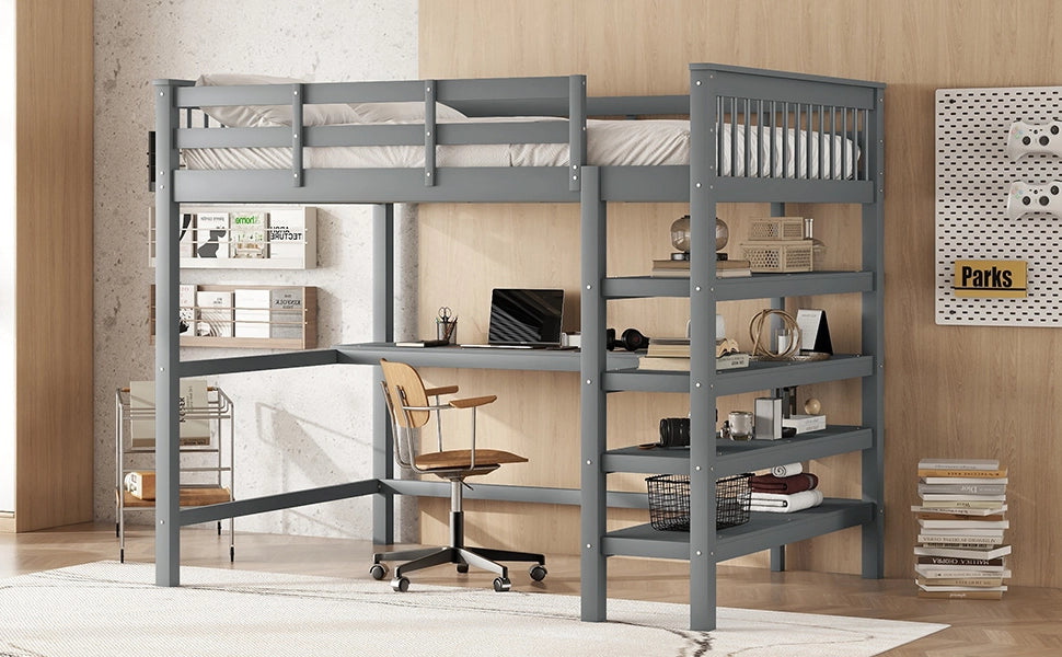 DESMIU Letto a Soppalco per Bambini 2 Posti con Scrivania e Scaffali 140 × 200 cm, Senza Materasso, in Pino, Grigio