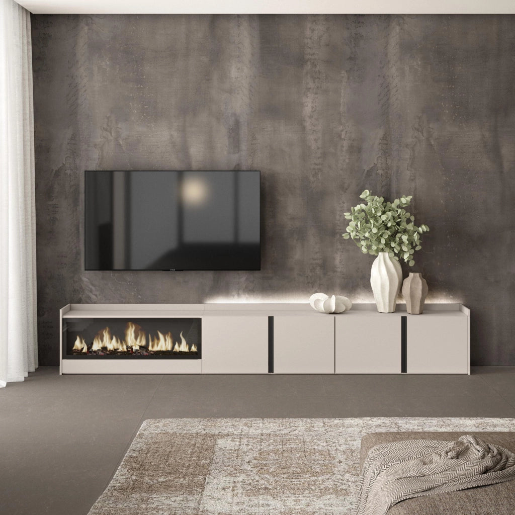 Mobile TV Soggiorno, 315x50x35 cm, Per TV fino a 80", Camino elettrico XXL, LED, Beige