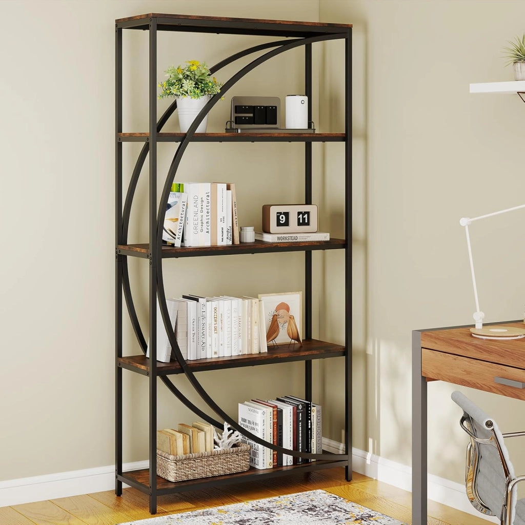 Libreria a 5 Ripiani, Scaffale Alto Indipendente con Design a Mezzaluna, Struttura in Metallo, Libreria da Parete per Soggiorno, Ufficio e Studio, 86 x 30 x 175 cm (Marrone Rustico)
