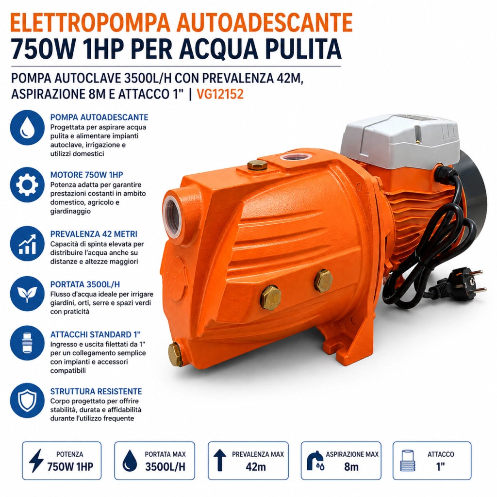 Elettropompa Autoadescante Pompa Autoclave 750W 1HP 3500L/H Acqua Pulita VG12152