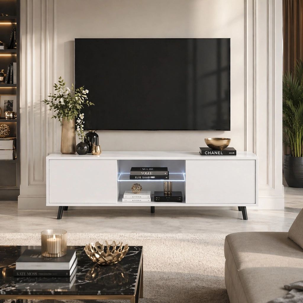 Mobile TV Con Due Ante Battenti Porta Televisore In Melaminico Vano Centrale Con Ripiano In Vetro E LED Piedini In Metallo Per Soggiorno Salotto Zona Living 140 X 31.5 X 40 Cm Bianco