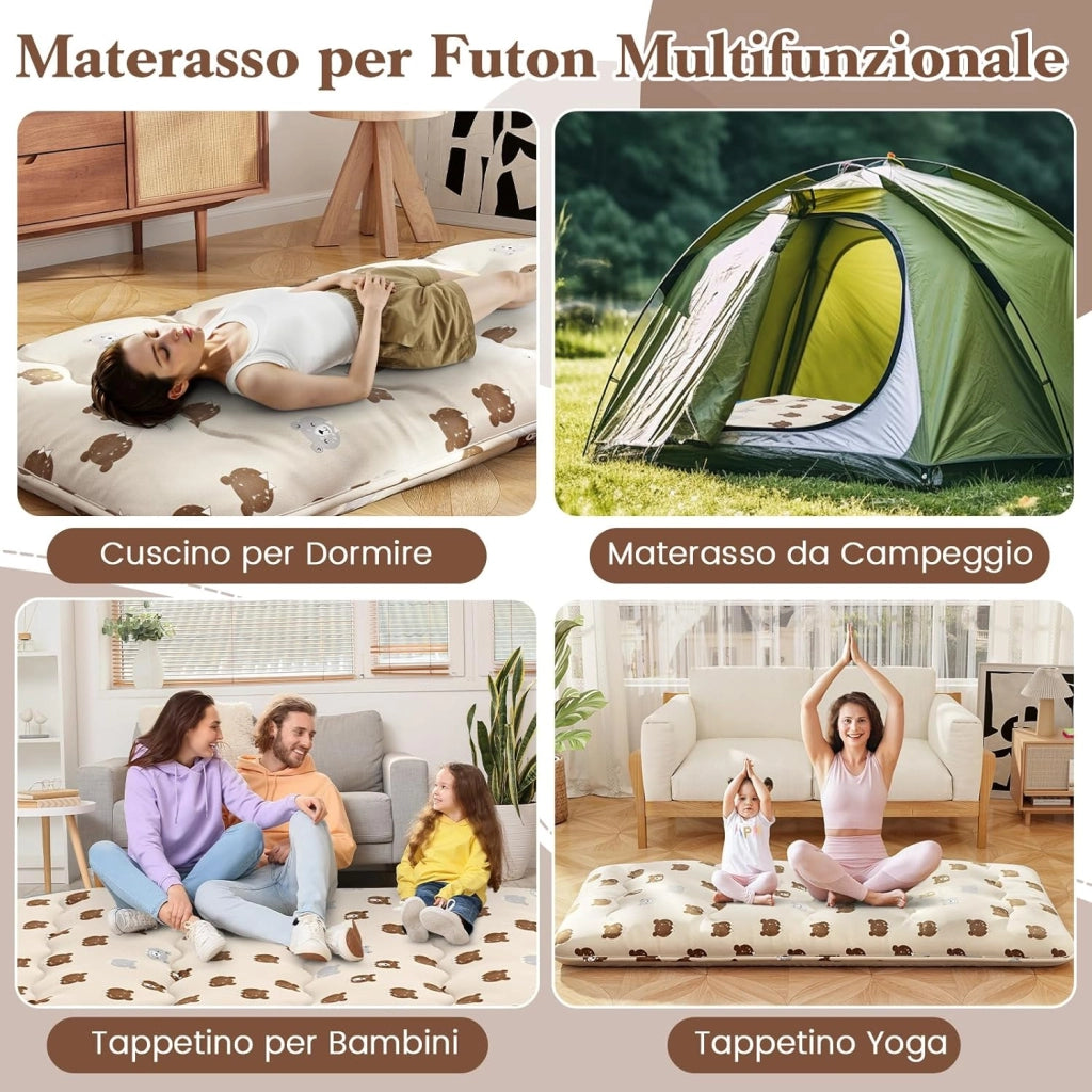 Materasso Futon Pieghevole, Materasso Portatile con Sacca da Trasporto per Camping, Materasso da Terra con Copertura Lavabile (200 x 90 cm, Marrone)