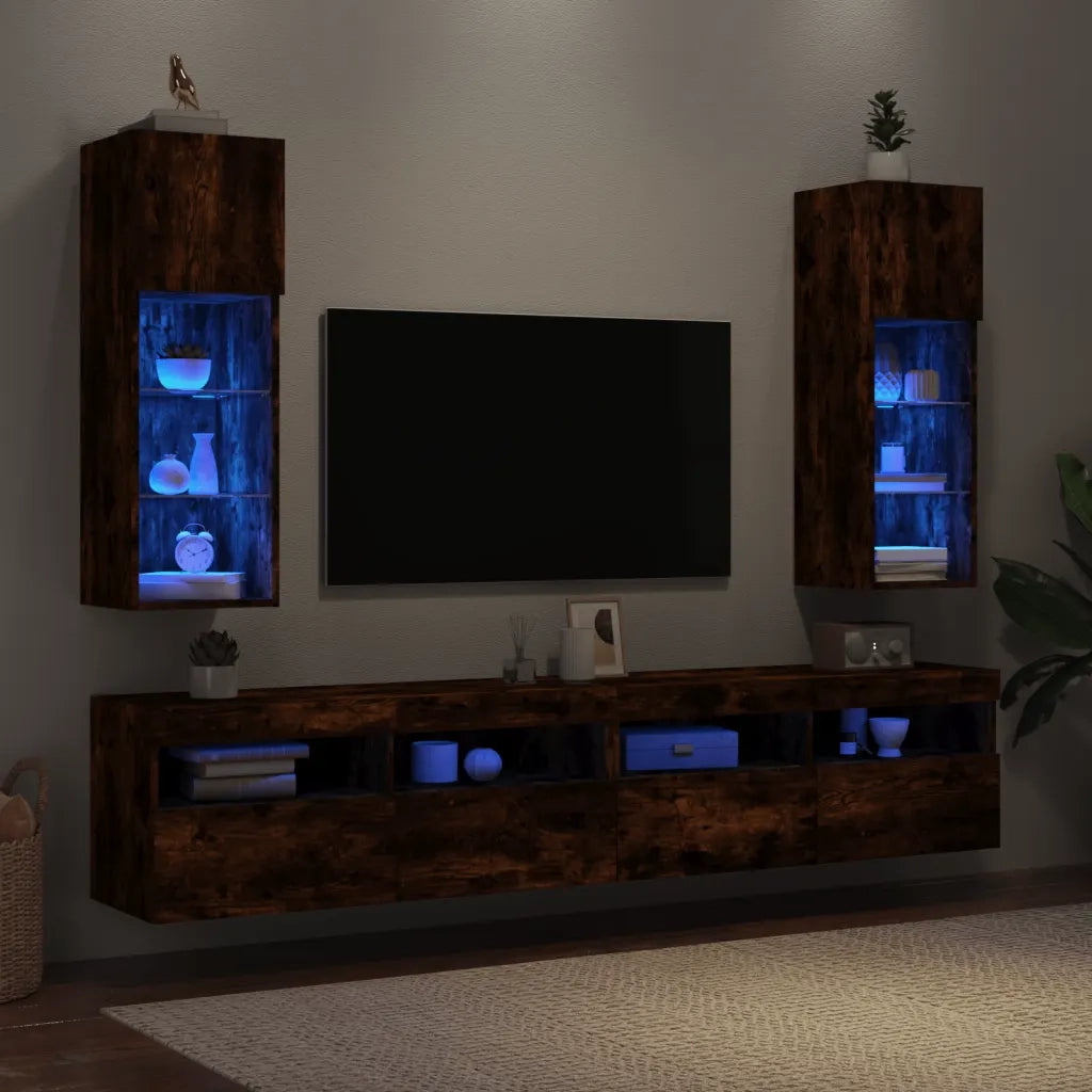 Mobili Porta TV con Luci LED 2 pz Rovere Fumo 30,5x30x90 cm 837010