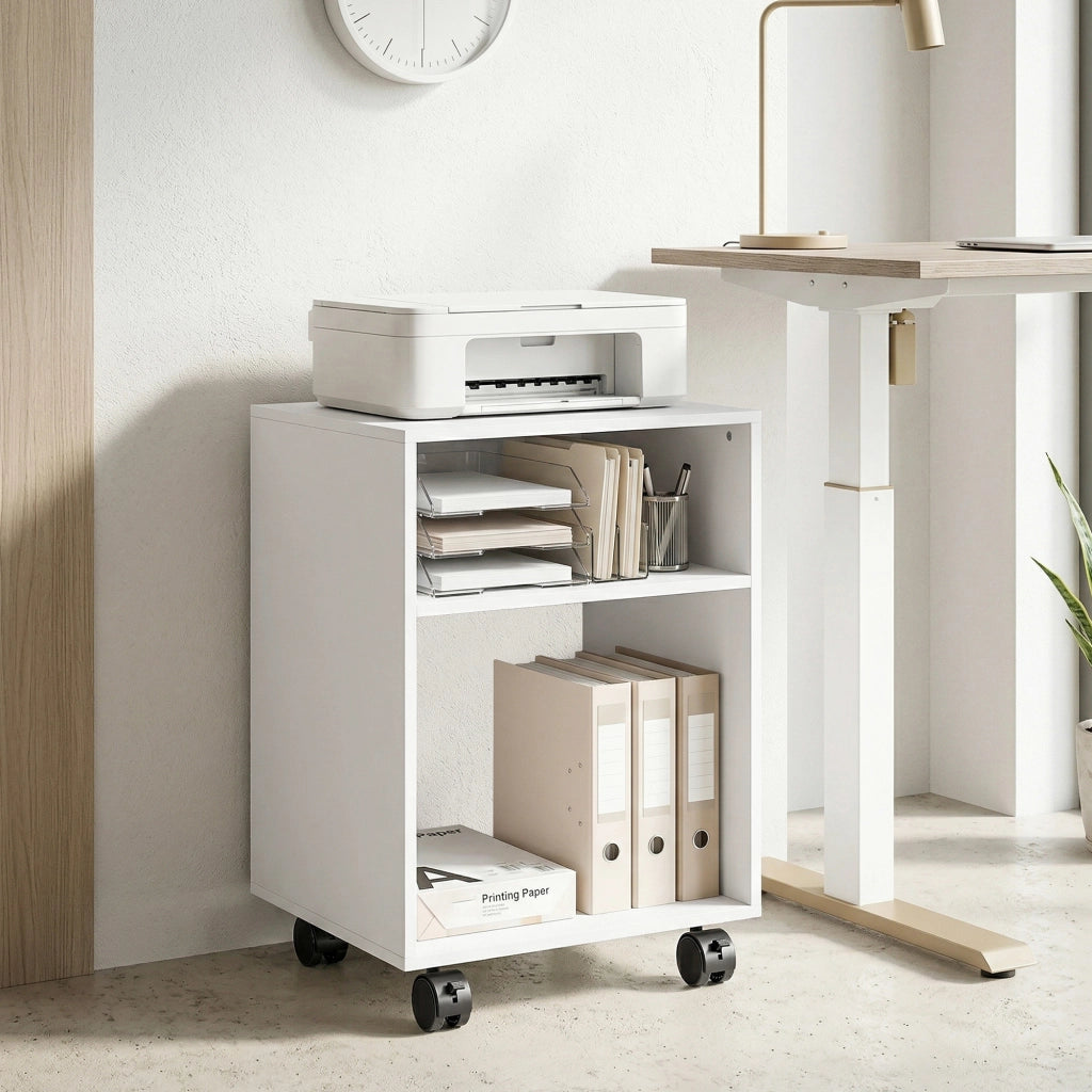 Mobile Porta Stampante in Legno con Ruote a Freno e 2 Scomparti Aperti. 40x35x55 cm. per Ufficio Studio. Bianco