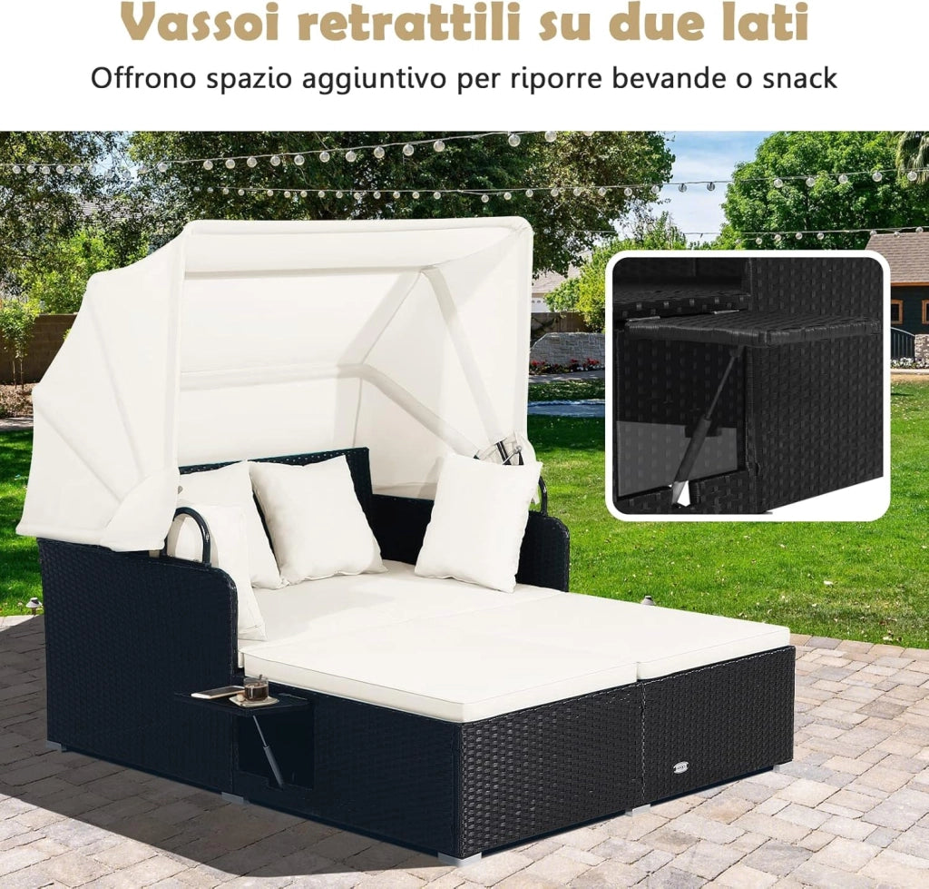 Lettino Prendisole in Rattan, Lettino da Giardino per 2 Persone con Tettuccio Retrattile, Cuscini Spessi, Ideale per Giardino Cortile Portico Prato, 165x153x138 cm