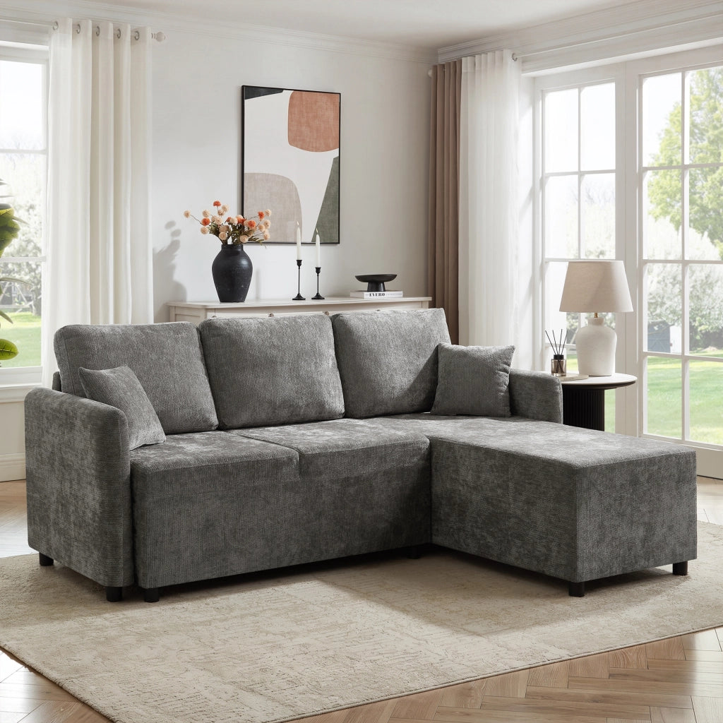 DIVANO ANGOLARE 3 POSTI L-FORMA Chenille Grigio con 2 cuscini