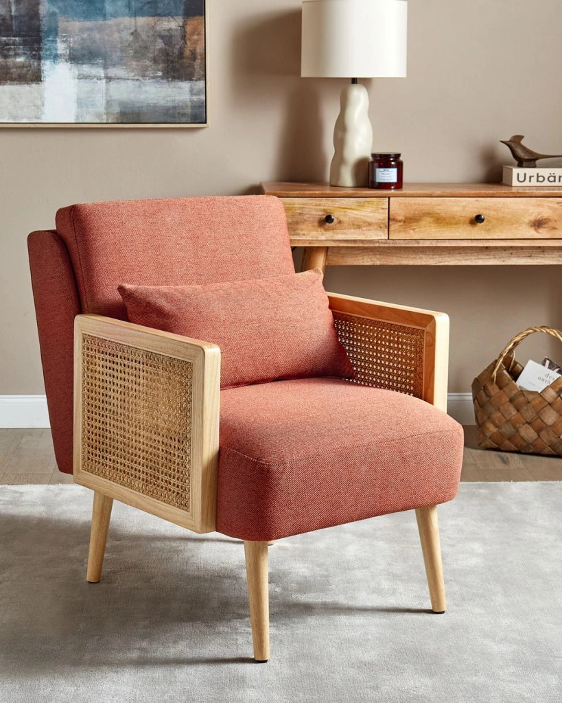 Poltrona Arancione Poliestere Struttura in legno con intreccio in rattan Gambe in legno Tappi delle gambe in plastica con cuscino Stile tradizionale Soggiorno Camera da letto