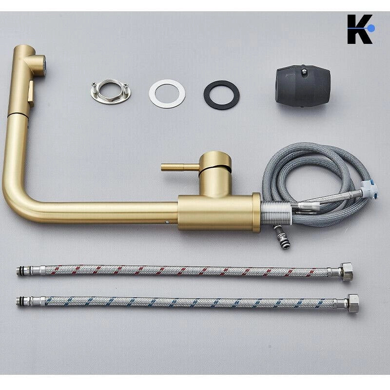 FELIX | rubinetto estraibile di alta qualità in acciaio inox oro opaco | miscelatore bocca dritta | rubinetto catering alta pressione 360° 2 attacchi
