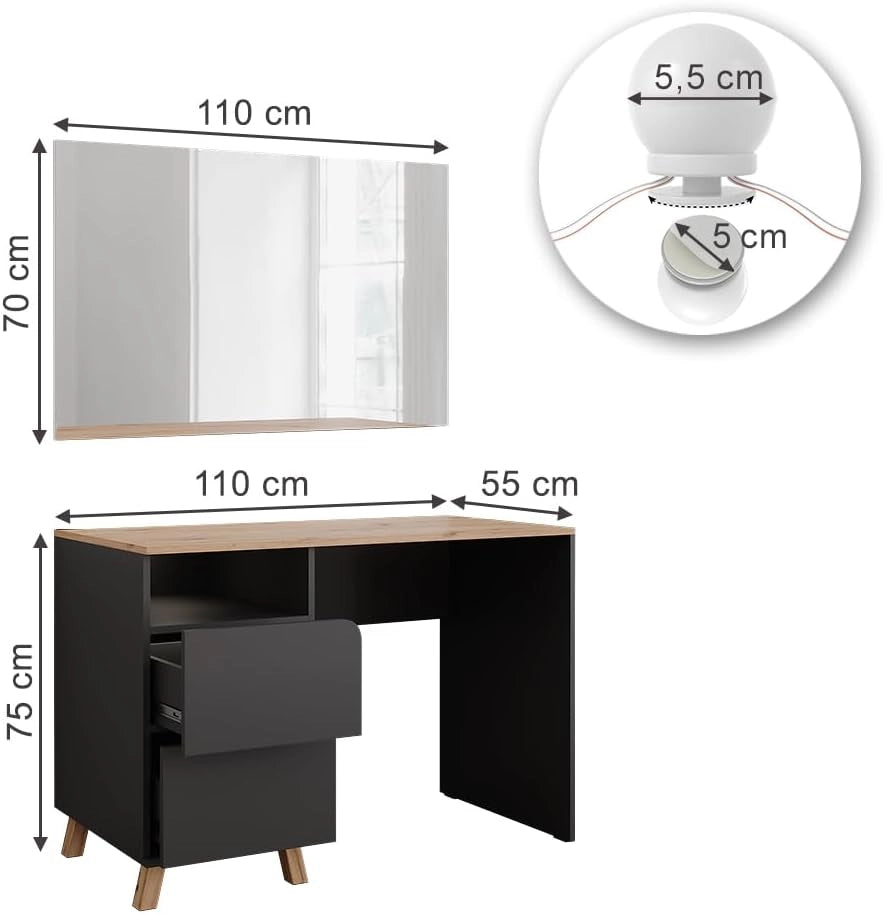 Tavolo da toeletta Karen, Antracite/Artisan, 110 cm con luci fiabesche a LED, Materiali robusti per un utilizzo duraturo