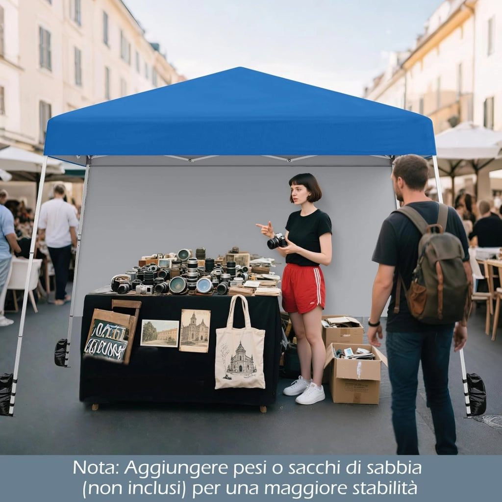 Gazebo Pop-up da Esterno 3 x 3 m, Gezebo Pieghevole con 1 Parete Laterale, Zaino Portatile e 4 Picchetti, Tendone Impermeabile e Resistente per Campeggio e Feste (Blu)