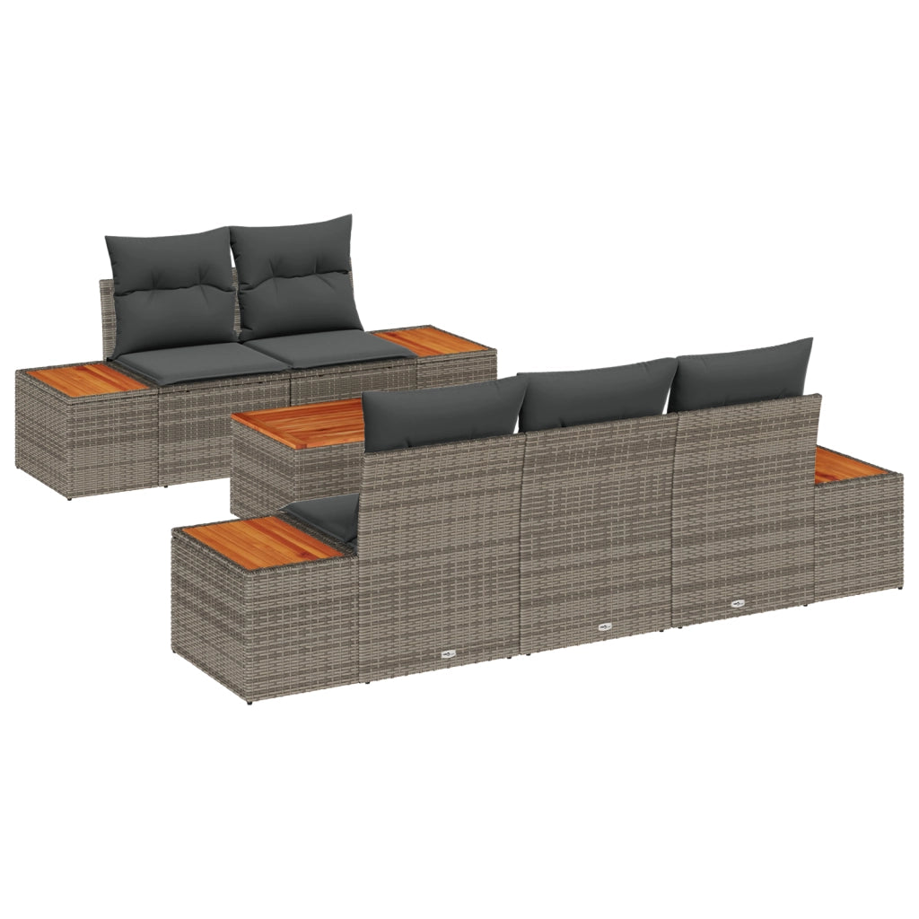 Set Divano da Giardino da 6 Pezzi con Cuscini Grigio Rattan Acacia